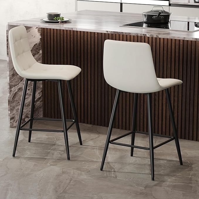 Bar Stools Set of 4,White Faux Leather Counter Height Bar Stools,24.6" Bar Chairs with Back Metal Footrest,Modern Counter Stool with Back and Footrest for Kitchen Island Restaurants Pubs