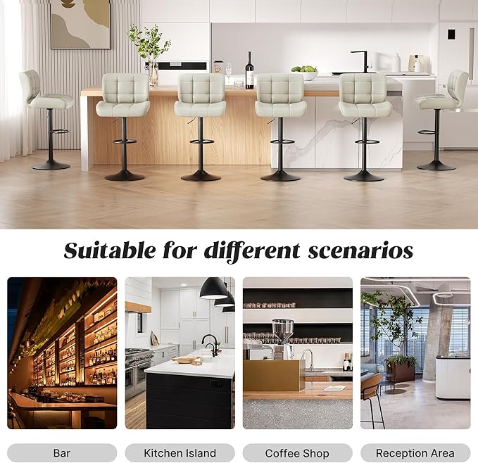 Modern Bar Stools, Faux Leather Upholstered Swivel Bar Stools, Adjustable Counter Height Bar Chairs with High Back and Footrest for Kitchen Island (Khaki)