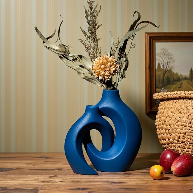 Snuggle Hollow Ceramic Vase Set of 2, 8.4 inch Modern Nordic Coastal Shaped Pampas Grass Aesthetic Decorative Table Vases for Home Decor (Matte Navy Blue - M)