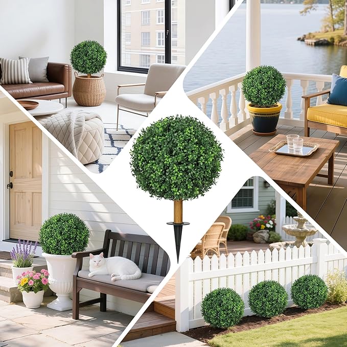 25.6'' Faux Outdoor Plants with Spike, 1PCS UV Resistant Artificial Boxwood Balls Topiary Tree Outdoor, Realistic Fake Plants Outside for Balcony Yard Garden Porch Entryway Front Door Decor