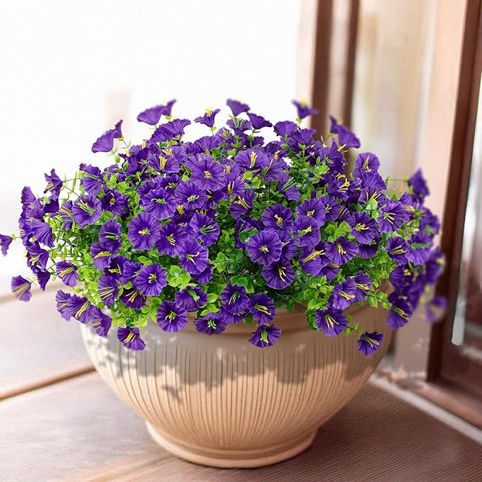 LikSoor 16 Bundles Artificial Flowers Outdoor Spring Summer Decoration Fake Silk Colorful Daisy Eucalyptus Realistic UV Outside Faux Plants for Garden Porch Window Box Home Decor Morning Glory Purple