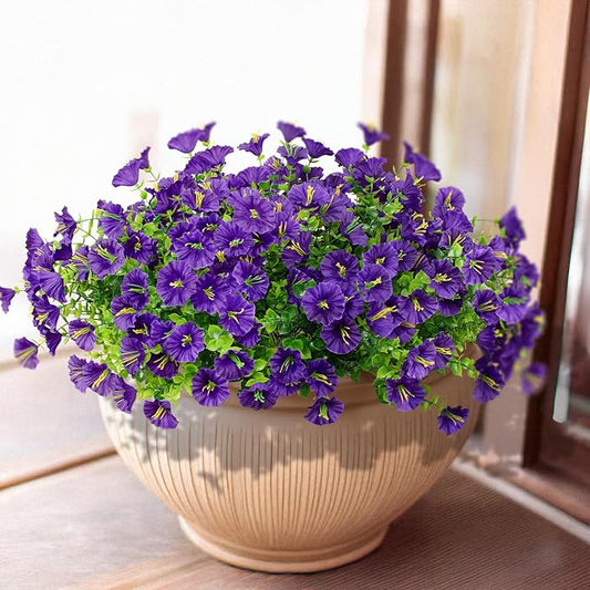 LikSoor 16 Bundles Artificial Flowers Outdoor Spring Summer Decoration Fake Silk Colorful Daisy Eucalyptus Realistic UV Outside Faux Plants for Garden Porch Window Box Home Decor Morning Glory Purple