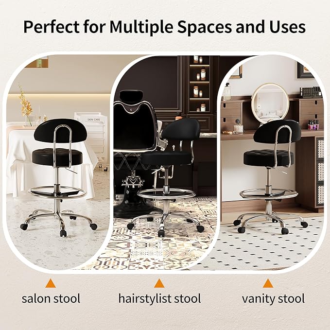 Salon Stool with Back Support (Sturdy Aluminum Base) (Lash Chair with Quiet Wheels and Foot Rest) Black Leather Vanity Chair (Black)