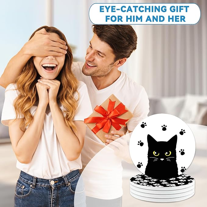 Drinks Coasters Set of 4, Black Cat Round 4" Cup Coasters, Absorbent Ceramic Stone Coasters with Cork Base, Cute Coasters for Table Home Décor, Ideal Gifts for Women Men