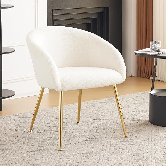 Modern Small Accent Chair, Comfy Sherpa Makeup Vanity Chair with Golden Metal Legs, Decorative Chair no Wheels for Living Room, Dressing Room, Bedroom, White