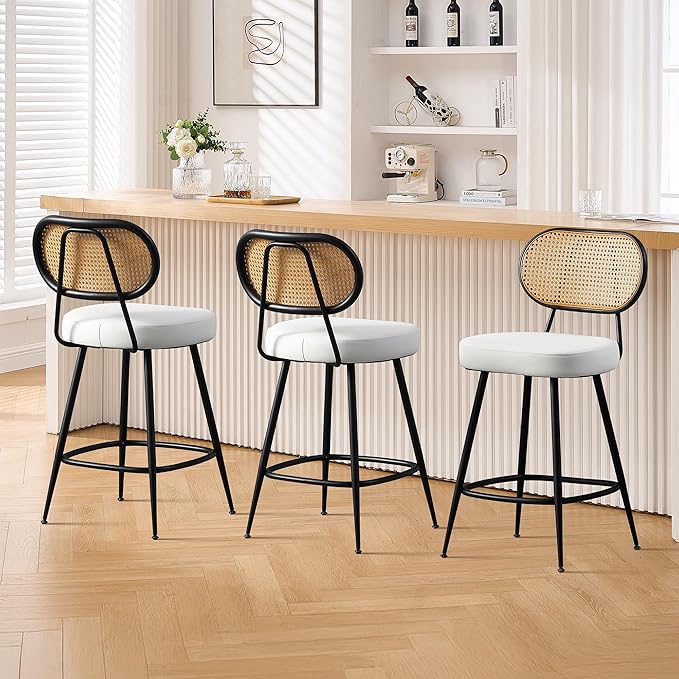 BFZ Bar Stools Set of 3, 26" Counter Height Barstools with Rattan Back and Metal Legs, Upholstered Faux Leather Bar Chairs for Kitchen Island, Home Bar, Beige