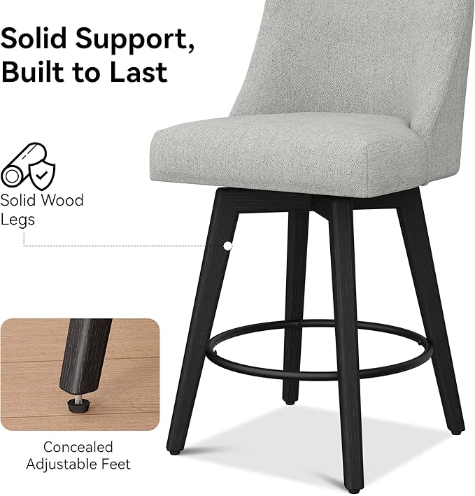 Counter Height Bar Stools Set of 6, Modern Swivel Barstools with Back and Wood Legs, Linen Fabric Upholstered Bar Chairs, 26" H Kitchen Counter Stools, Kitchen Island Home Bar, Light Grey