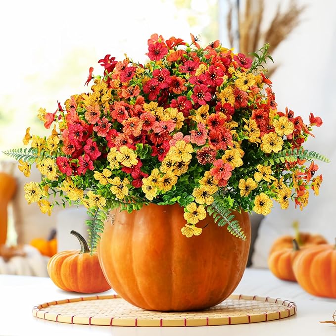 Artificial Fake Fall Mums Flowers Plants Outdoor,18 Bundles Faux Plants Outside No Fade Plastic UV Resistant for Front Door Porch Patio Balcony Garden Yard Decorations