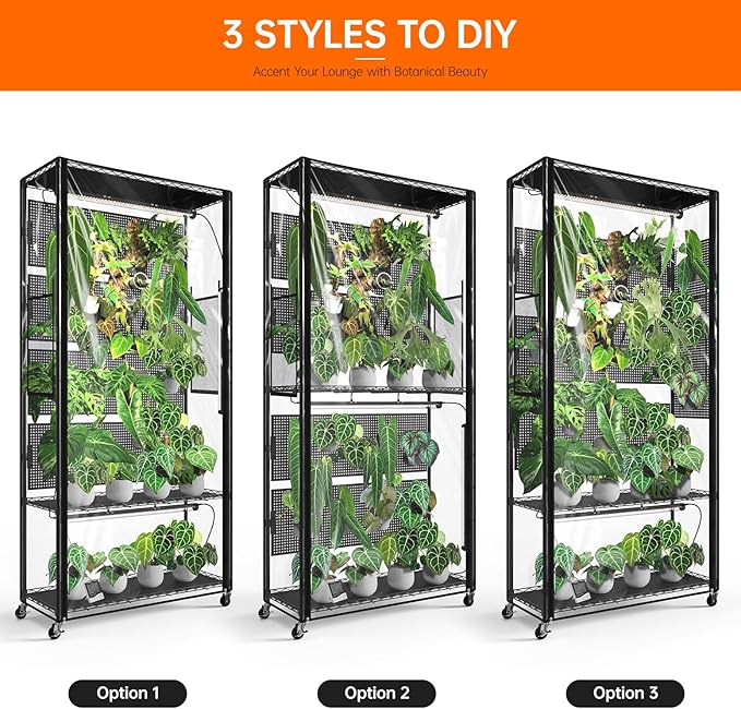 Bstrip Indoor Greenhouse with Grow Light & 4 Pegboard, Mini Green House with Adjustable Rack and Wheels, 4 x 24W Full Spectrum Grow Light Strip for Foliage Plants, Seedling, 35.4"x13.8"x71"