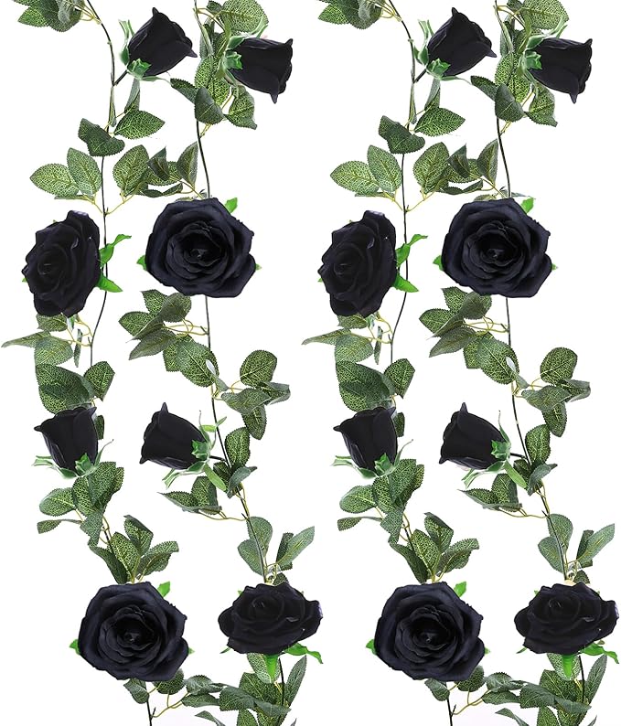 Felice Arts 2 Pack Black Artificial Flower Garland Each 6.5FT Fake Rose Vine Hanging Rose Garland for Thanksgiving Day Wedding Flowers Xmas Table Centerpiece Arrangement Mirror Decor