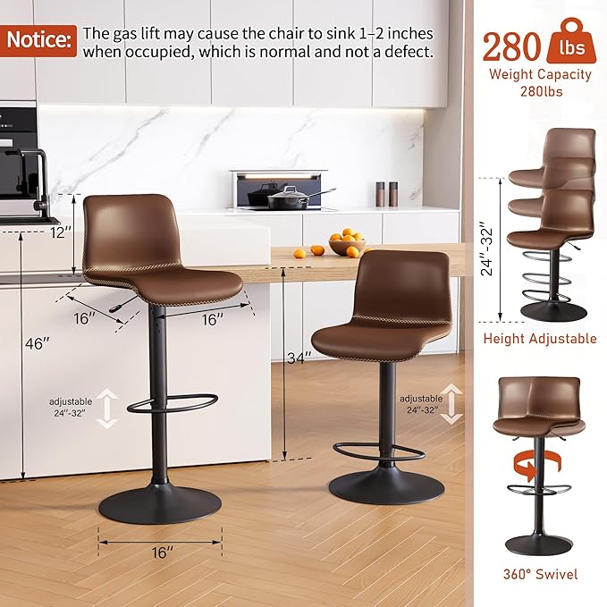 HeuGah Swivel Bar Stools Set of 4, Counter Height Bar Stools with Back, Adjustable Bar Stools 24" to 32", Brown Faux Leather Bar Chairs for Kitchen Island (Brown, Set of 4 (24'' to 32''))