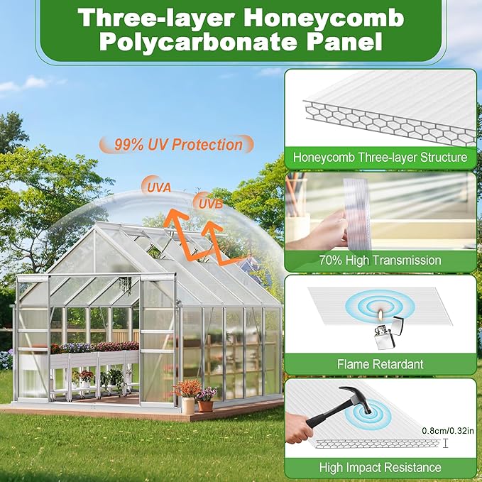 14PCS 4' X 2' X 0.32'' Polycarbonate Greenhouse Panels, Waterproof UV Protected Clear Polycarbonate Sheets Three-Layer Honeycomb Roof Panels, Corrugated Plastic Roofing Panels for Greenhouse