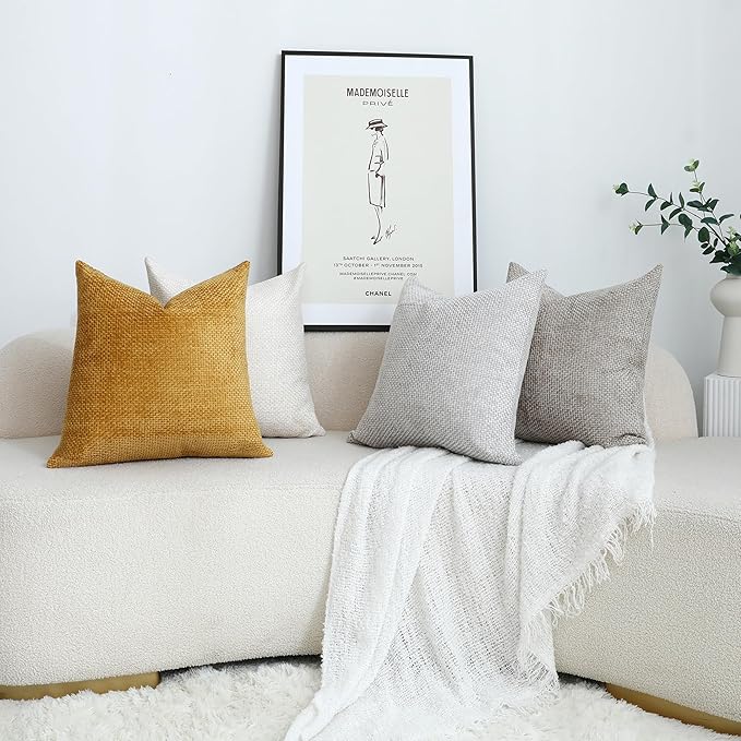 Stellhome 4 Packs Neutral Decorative Throw Pillow Covers Soft Chenille Woven Textured Accent Cushion Cases for Living Room Couch Bed Sofa Farmhouse Boho Home, 18x18 inch, Neutral Mustard Yellow