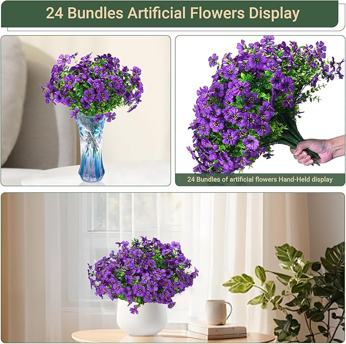 24 Bundles Artificial Flowers for Outdoors & Indoors – UV Resistant Faux Plastic Plants for Garden, Patio, Porch, Window Box, Home Decor – Lush & Vibrant Fake Flowers, Purple