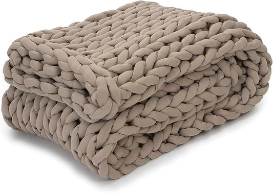 Nuzzie Chunky Knit Weighted Blanket - Breathable, Cooling, Hand Made Knit Throw Blanket for Sleep for Relaxation - Machine Washable, Stylish Design (Taupe, Throw | 12lbs | 44"x60")