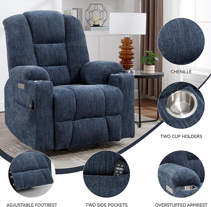 Large Power Lift Recliner Chair for Eldery, Overstuffed Wide Recliners with Massage and Heat, Electric Living Room Chairs with USB Charge Port, 2 Cup Holders, Blue