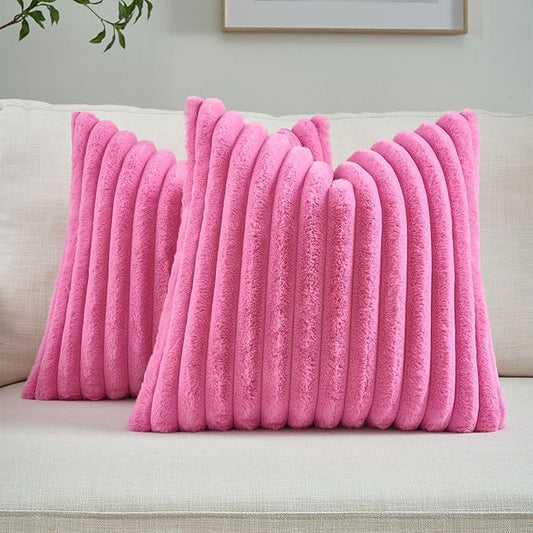 FUTEI Hot Pink Striped Decorative Throw Pillow Covers 20x20 Inch Set of 2,Square Fall Decorations Couch Pillow Case,Soft Cozy Faux Rabbit Fur & Velvet Back,Modern Home Decor for Bed
