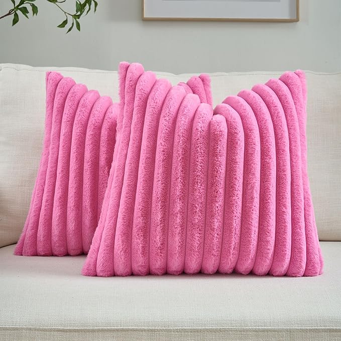 FUTEI Hot Pink Striped Decorative Throw Pillow Covers 24x24 Inch Set of 2,Square Fall Decorations Couch Euro Pillow Case,Soft Cozy Faux Rabbit Fur & Velvet Back,Modern Home Decor for Bed