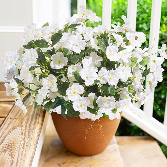 Fake Hibiscus Artificial Flowers for Outdoors Spring Summer Decoration, 6 Bundles Silk White Hibiscus Flowers Bouquet UV Resistant Look Real Faux Plants for Outside Planter Front Door Porch Balcony