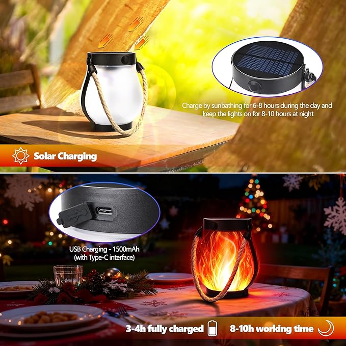 Christmas Solar Flame Lantern Hanging Outdoor Waterproof Purple - 2 Pack Flame Lanterns with Dual Charging Modes of Solar & USB for Garden or Yard Decorations (Red - 2 Pack)