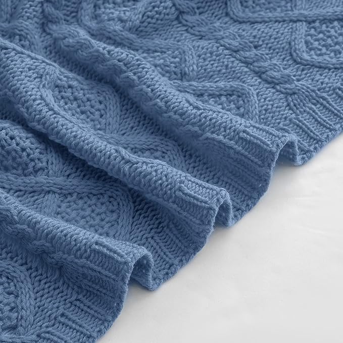 Homiest Dusty Blue Cable Knit Throw, 60 x 80 Inch, Lightweight Acrylic Knitted Blanket with Diamond Texture, Soft & Cozy for Couch, Bed, Sofa