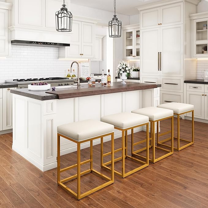 PHI VILLA White and Gold Bar Stools Set of 4-24 Inch Backless Bar Stools Metal Steel Frame Base with Footrest, Counter Height Bar stools