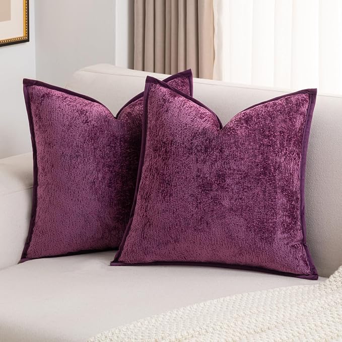 FUTEI Purple Chenille Throw Pillow Covers 26x26 Inch Set of 2,Soft Cozy Bound Edge Design Euro Pillow Sham,Home Decor for Couch Bed Living Room