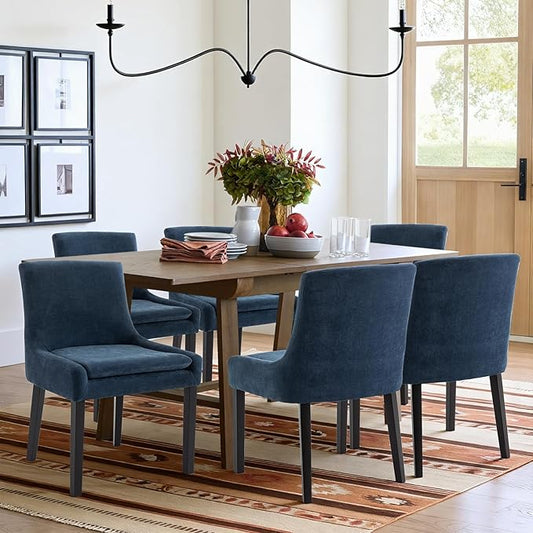 Modern Dining Chairs Set of 6, Upholstered Corduroy Dining Room Chairs with Wood Legs, Mid-Back Padded Kitchen Side Chairs for Dining Room, Blue