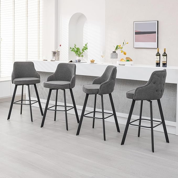 Bar Stools Set of 3, 30" Swivel Bar Height Barstools with High Back, Linen Kitchen Bar Stool Bar Height for Kitchen Island (Dark Grey, 3PCS 30" Bar Stools)