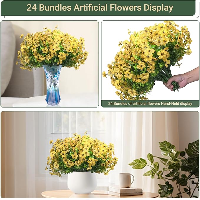 24 Bundles Artificial Flowers for Outdoors & Indoors – UV Resistant Faux Plastic Plants for Garden, Patio, Porch, Window Box, Home Decor – Lush & Vibrant Fake Flowers, Yellow
