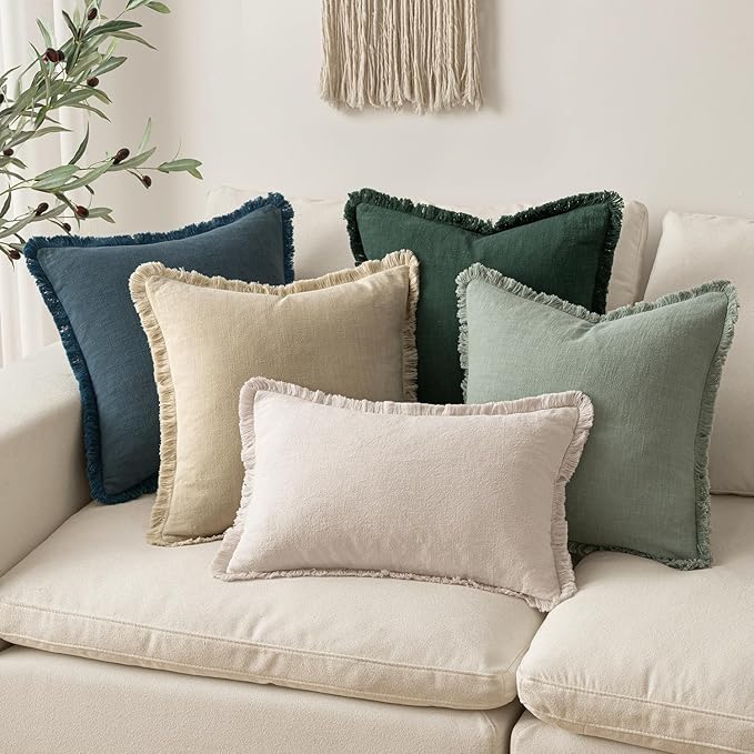 MIULEE Decorative Throw Pillow Covers Neutral Linen Fringe Throw Pillows Set of 2 Beige Boho Farmhouse Cushion Covers with Tassels for Couch Sofa Bed Living Room Spring Home Decor 18x18 Inch