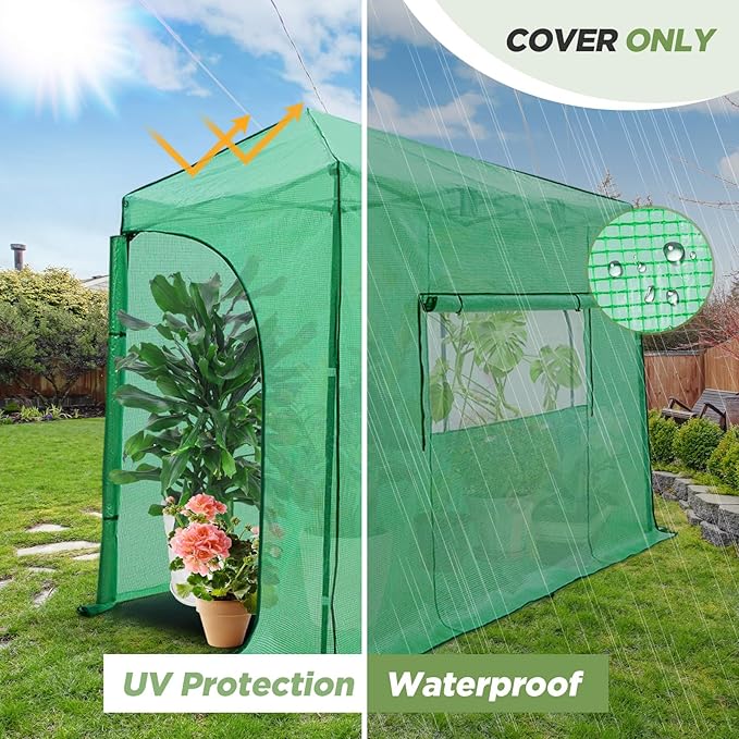 EAGLE PEAK Replacement Cover for 10x5 Portable Lean to Greenhouse, 2 Roll-Up Zipper Entry Doors and 1 Large Roll-Up Side Window (Frame Not Included), Green