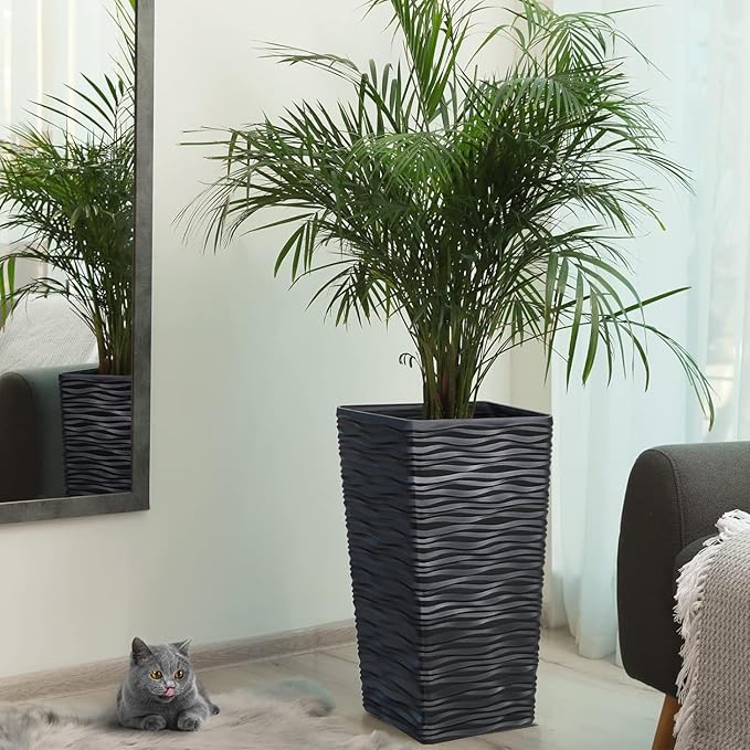 Worth Garden 2-Pack Black Tall Planter - Plastic Square Tapered Tree Plant Pots for Indoor Outdoor - 22" H - Modern Wavy Finish Decorative Flower Pots for Front Porch Containers Patio Deck