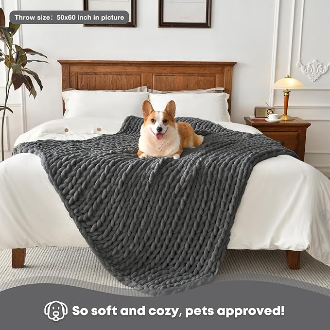 Soft Chunky Knit Blanket, 50X60 in Handmade Thick Chenille Yarn Throw Without Shedding & Raveling, Aesthetic & Cozy Home Decor with Couch Sofa Bed, Gift Pack, Dark Grey