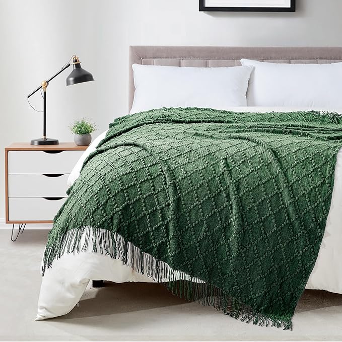 BOURINA Green Throw Blanket 50 x70 Inches Jacquard Argyle Throw Textured Solid Soft Throws and Blankets for Sofa or Bed Knitted Decorative Blanket