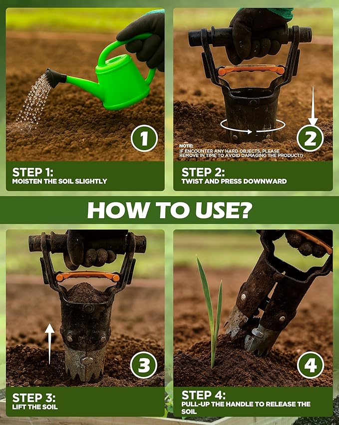 Bulb Planter Tool - One-Touch Automatic Bulb Planter for Bulbs, Seeds & Seedlings - 5" Depth Stainless Steel Garden Bulbs Dibber with Ergonomic Handle - No Bend Planting, Includes Gloves