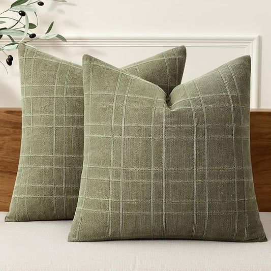 MIULEE Decorative Linen Check Throw Pillow Covers Neutral Farmhouse Vintage Pillow Covers 18x18 Set of 2 Boho Modern Home Decor for Sofa Couch Bedroom Cushion Sage Green