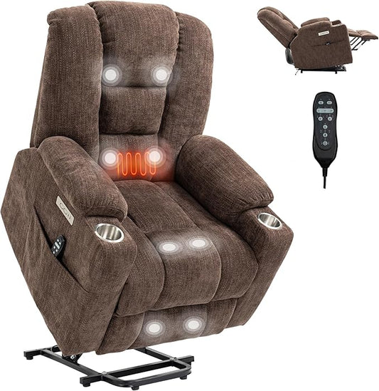 Large Power Lift Recliner Chair for Eldery, Overstuffed Wide Recliners with Massage and Heat, Electric Living Room Chairs with USB Charge Port, 2 Cup Holders, Brown
