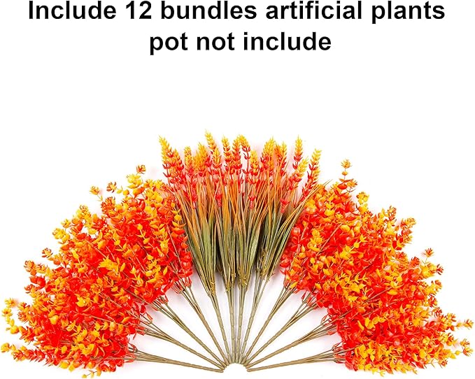 Artificial Faux Fall Mums Flowers Plants for Outdoor Outside, 12 Bundles Fake Autumn Orange Daisy Plastic Shrubs Greenery Realistic UV Resistant for Front Door Porch Patio Balcony Garden Yard Decor
