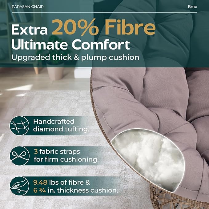 Bme 40" Ergonomic Wicker Papasan Chair with Soft Thick Cushion & Frame, 360° Swivel, Circle, Reading, Comfy Chair for Living Room, Bedroom