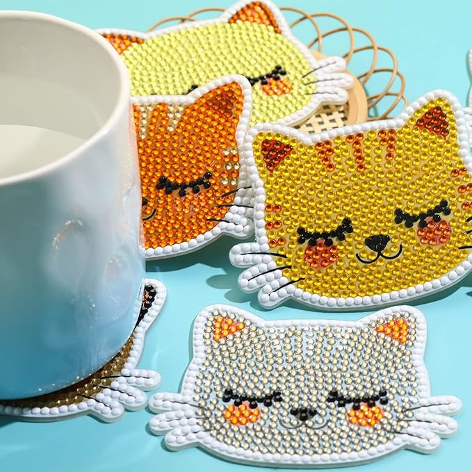 8 PCS Cat Diamond Art Coasters Kits, Diamond Painting Coasters with Holder Set of 8, DIY Drink Coasters Art Crafts Supplies for Adults Cup Mat for Home Decor House Warming Gifts Non-Slip 3.9inch