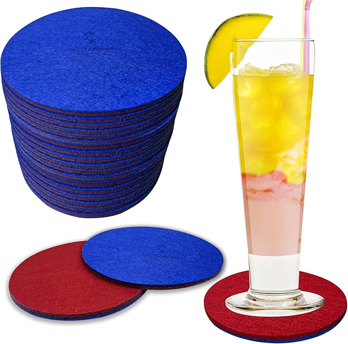 A&A Wonders Premium Felt Coasters for Drink, Two-Tone Reversible, Absorbent Felt Protects Furniture, Table, Anti Slip, Suitable for Drinks & All Table Types (Wine Red/Royal Blue, Circle 18 Pack)