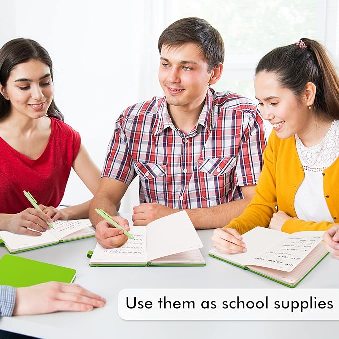 feela 5 Pack Notebooks Journals Bulk, Hardcover Notebook Classic Ruled Lined Journals with Pen Holder for Women Girls School Business Supplies, with 5 Black Pens, 120 GSM, 5.1”x8.3”, A5, Green