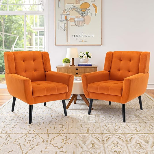 NicBex Accent Chair Set of 2, Modern Chair for Living Room Upholstered Foam Filled Living Room Chairs with Metal Legs Velvet Cozy Lounge Armchair for Living Room Bedroom,Orange