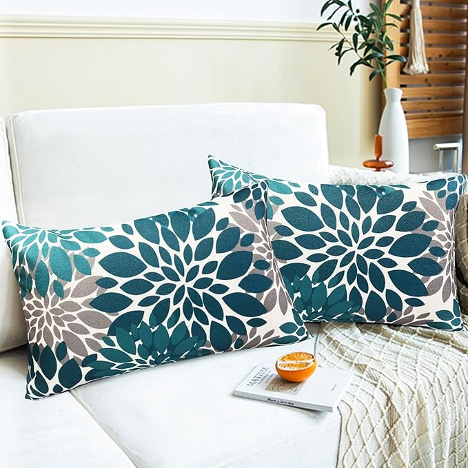 Decorative Throw Pillow Covers Set of 2 Teal Blue Pillow Covers 12x20 Inch Couch Pillow Covers for Sofa Living Room Outdoor Throw Pillow Cover Linen Floral Flower Farmhouse Pillowcase