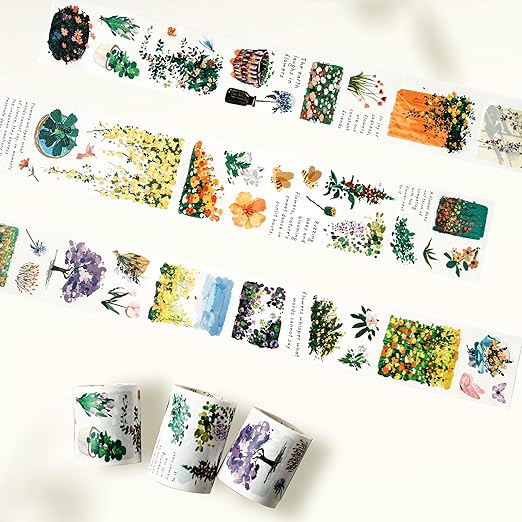 WT Spring Oasis Washi Tape Sticker Set, 3 Rolls, Original Designs, Nature-Inspired Floral Decorative Masking Tape, Wide Craft Tape, Bujo Planner Supplies, Adhesive Wrapping Tape, DIY Paper Tape