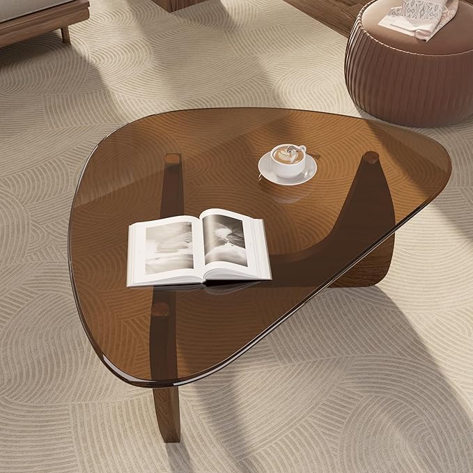 Modern Glass Coffee Table, Triangle Center Table with Tempered Glass Top& Unique Wooden Base, 42.5” Mid Century Tea Tables for Living Room, Apartment, Office,Walnut & Brown