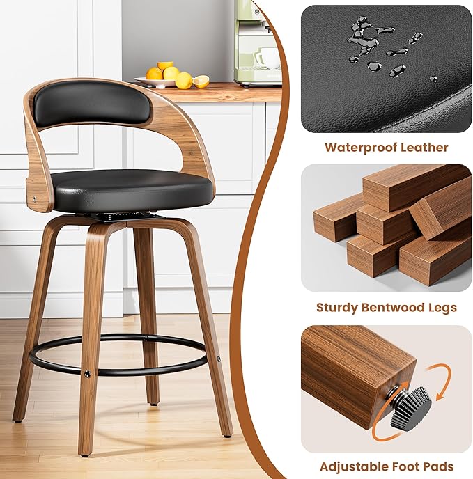 Swivel Bar Stools, 26" Upholstered Counter Height Bar Stools with Bentwood Legs and Low Back, Mid Century Modern Faux Leather Bar Chairs for Kitchen Island, Dining Room, Black
