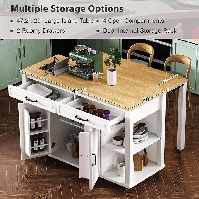 Merax Kitchen Island on Wheels with Extendable Dining Table & Power Outlet, Wood Kitchen Rolling Cart with Internal Storage Rack, 2 Drawers & 2 Cabinets, 47" Wide White