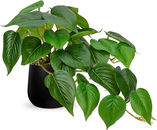 DILATATA Fake Plants Indoor 8 Inch Artificial Pothos Plant in Black Ceramic Pot - Faux Potted Pothos Plant for Home Aesthetic Decor Living Room Shelf Office